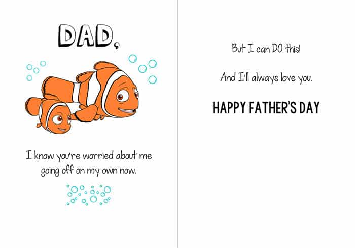 Father's Day card; the cover has an image of Nemo and Marlin swimming, with text "Dad, I know you're worried about me going off on my own now." Inside reads "But I can DO this! And I'll always love you. Happy Father's Day!"