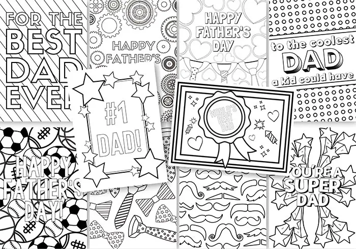 collection of ten black-and-white coloring Father's Day cards for kids