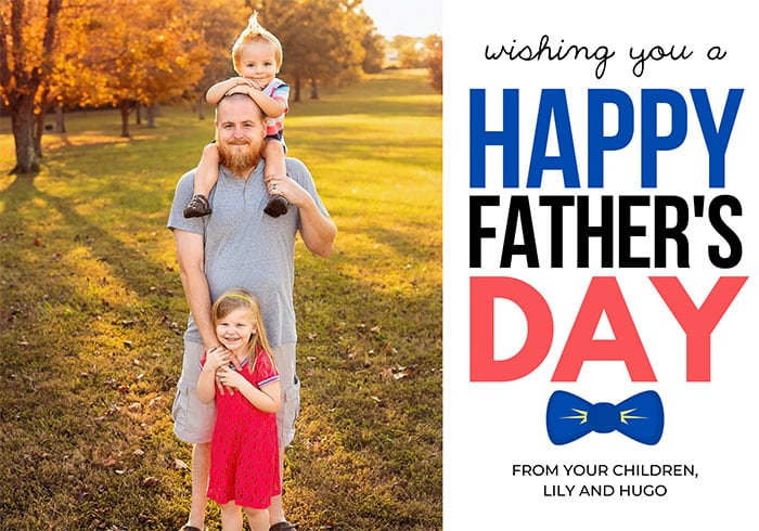 Custom Father's Day card; the cover has a photo of a father and his two kids on the left side, with the words "wishing you a Happy Father's Day from your children, Lily and Hugo" on the right