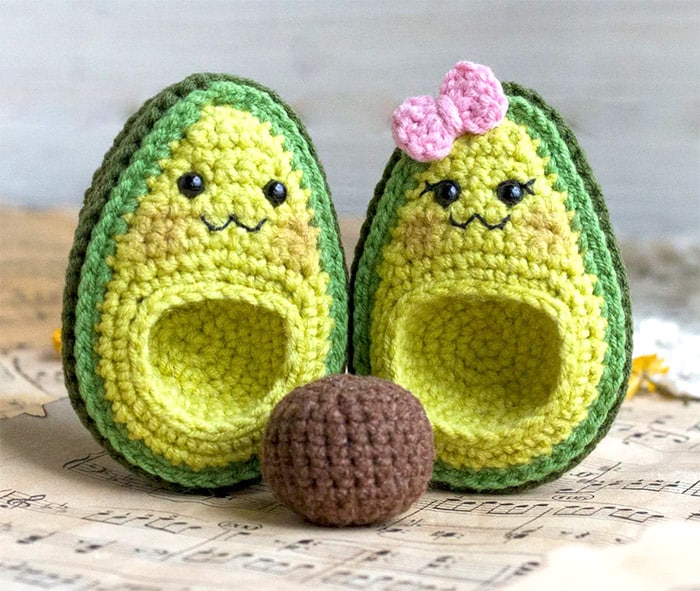 crocheted avocado halves with removable seed