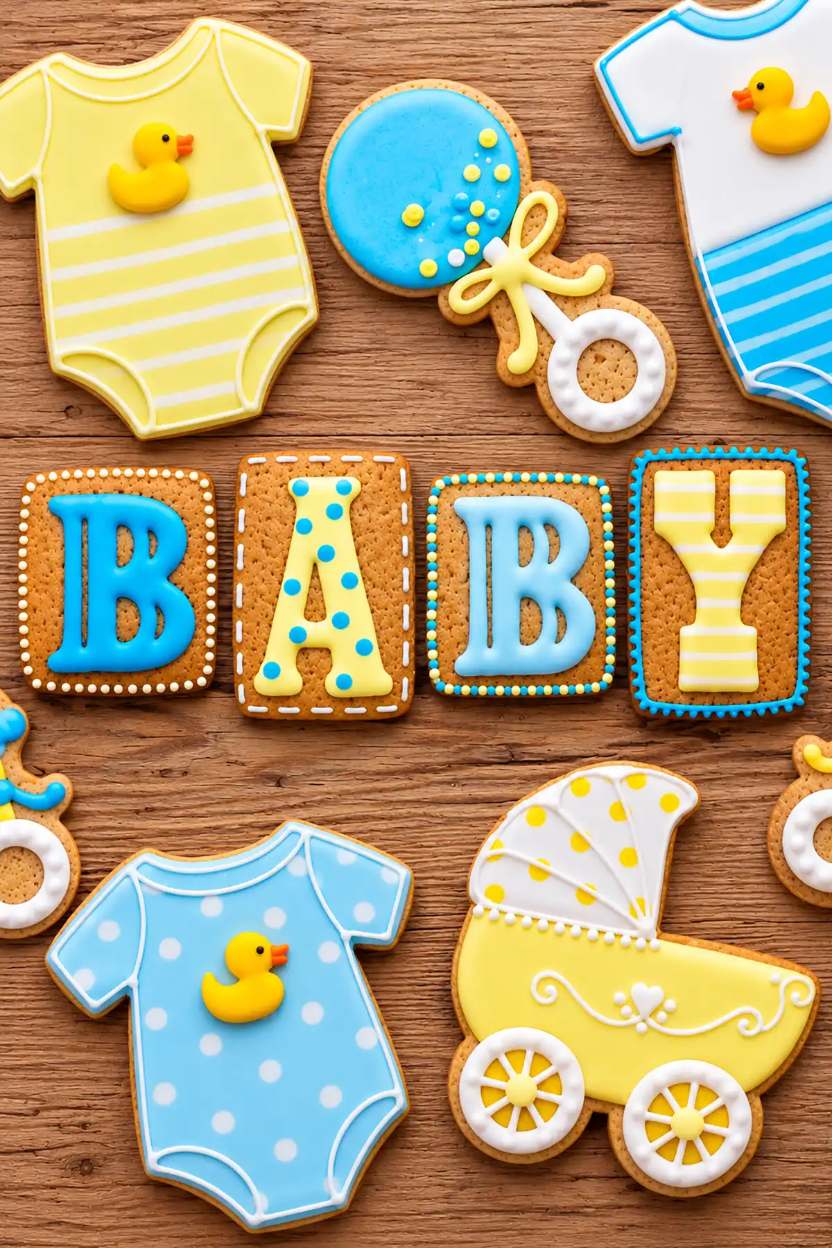 Decorated baby shower sugar cookies spelling BABY with colorful onesies, rattles, and a stroller in blue and yellow icing.