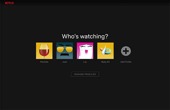 screenshot of the initial Netflix profiles screen, the last profile has a pacifier as the avatar and reads "baby #2"
