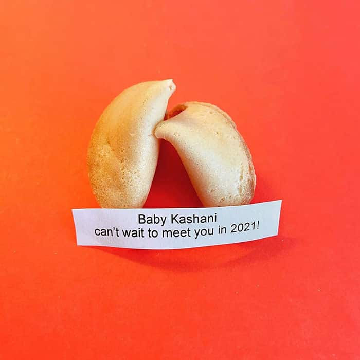 a fortune cookie fortune that reads "Baby Kashani: can't wait to meet you in 2021!"