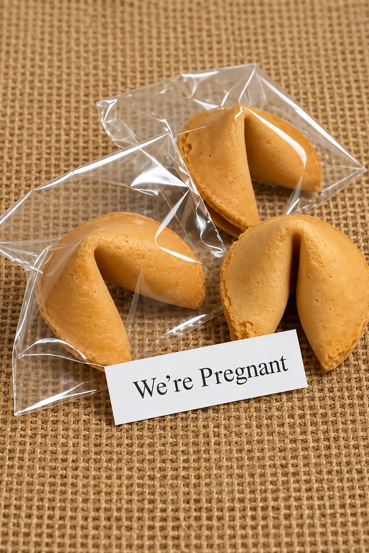 Three fortune cookies on rustic burlap with a paper fortune reading We're Pregnant for a surprise baby announcement.