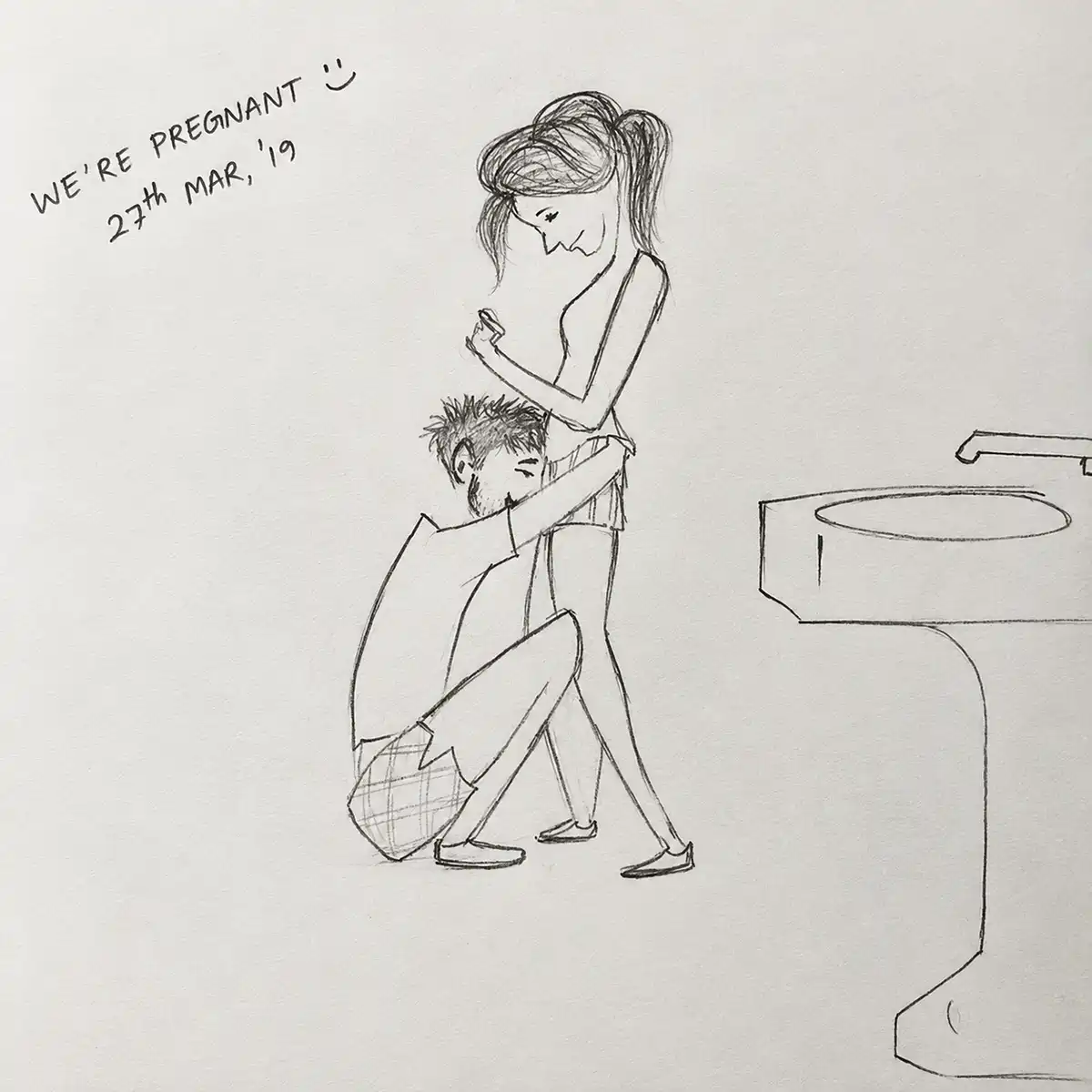 Hand-drawn pencil sketch of a couple embracing after a positive pregnancy test with We're Pregnant handwritten above.