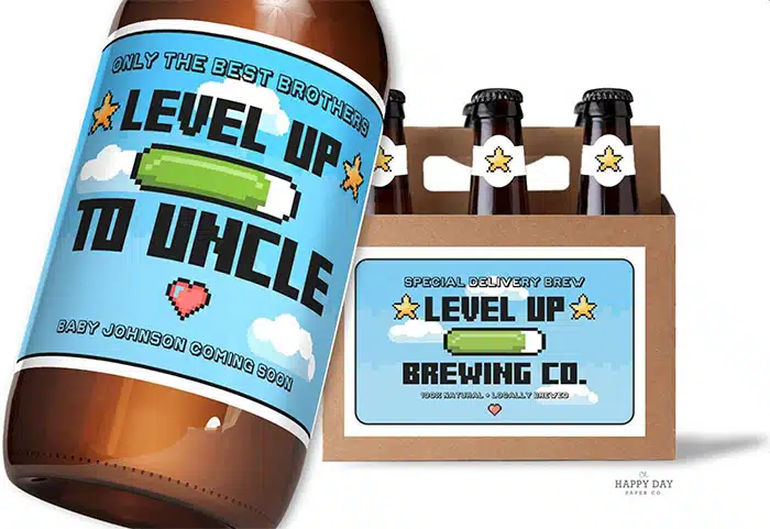 custom beer bottle labels that say "Level Up to Uncle" in classic Mario styling