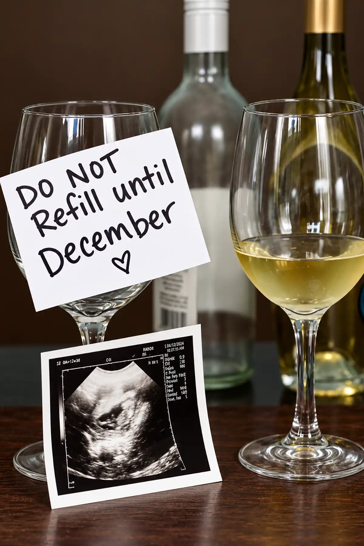 Empty wine glass with Do Not Refill Until December pregnancy announcement note beside ultrasound photo and white wine.