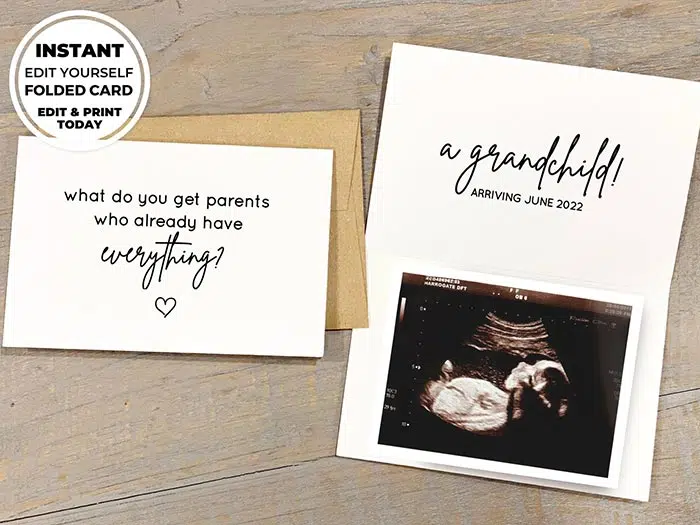 promotional image of a greeting card announcing pregnancy to parents