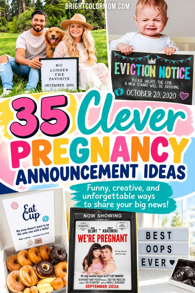 Colorful Pinterest collage featuring 35 clever pregnancy announcement ideas with funny baby reveals, family photos, and creative signs.