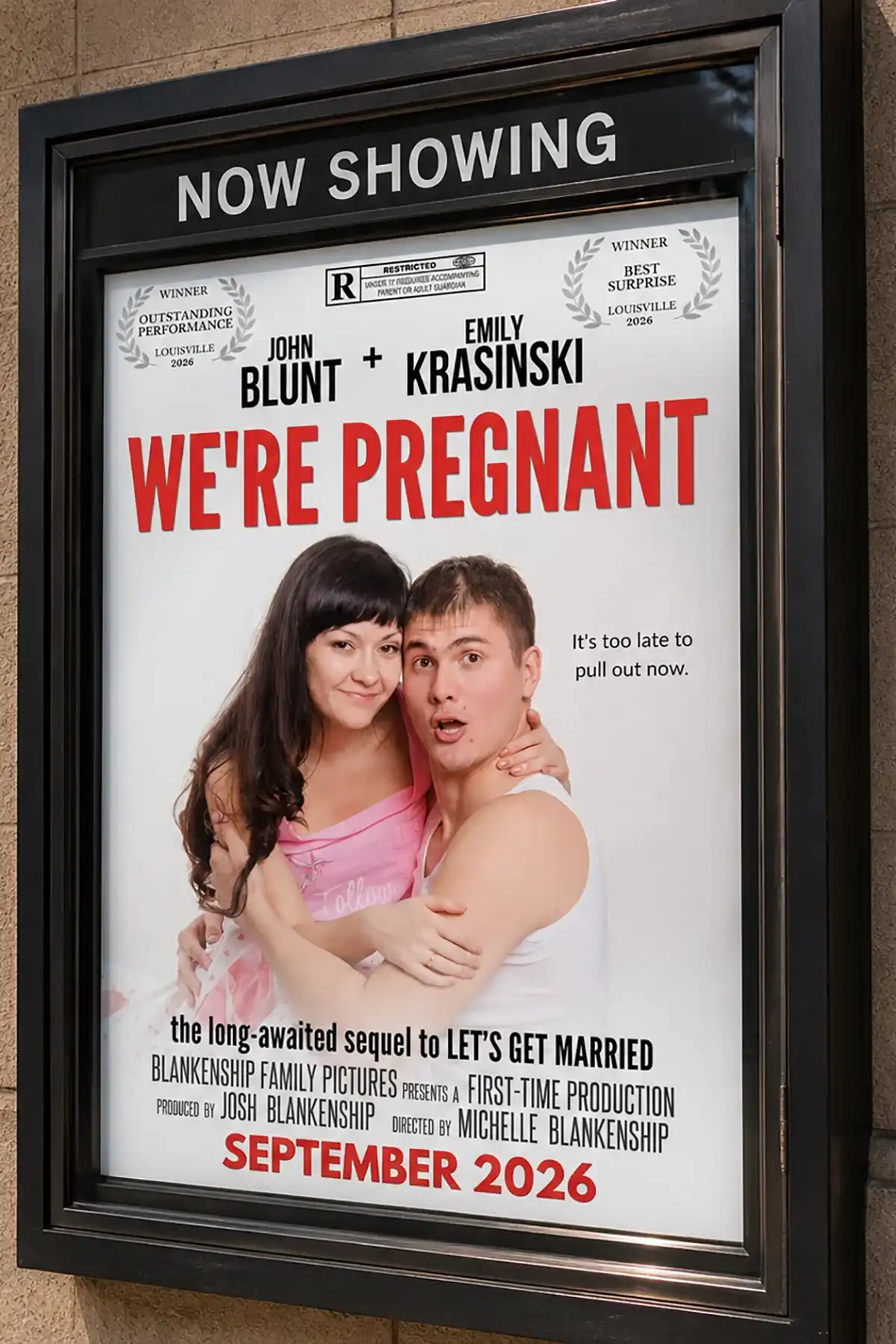 Funny pregnancy announcement movie poster featuring a couple, We're Pregnant headline, and September 2026 release date.