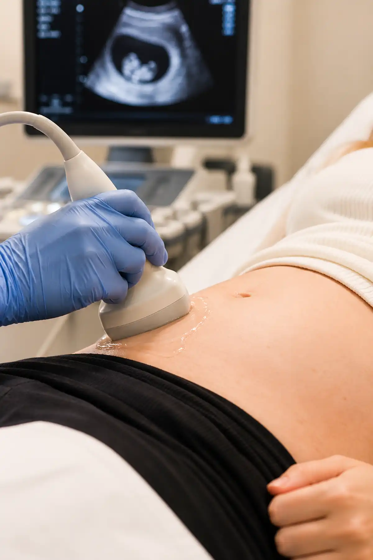 Close-up of ultrasound technician holding an ultrasound probe against a woman's belly during an early pregnancy scan.
