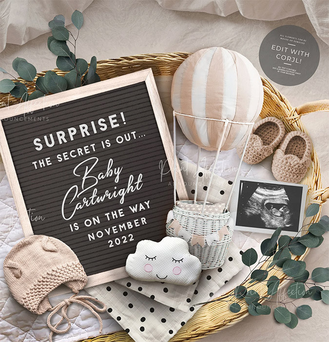 pregnancy announcement image for social media featuring baby hat, shoes, cloud, hot air balloon, and letterboard