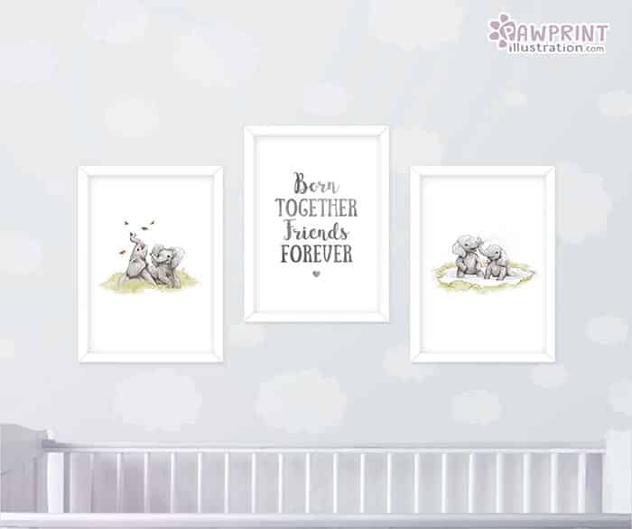 wall art prints of two elephants with one reading "born together, friends forever"
