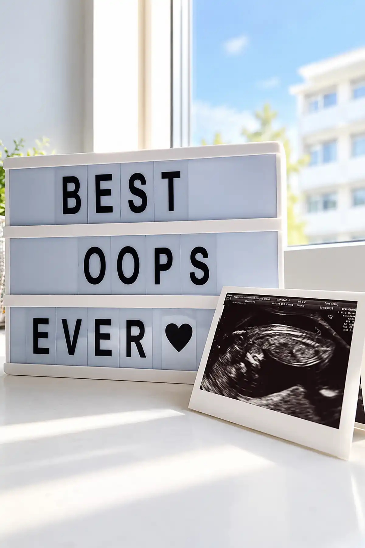 Best Oops Ever pregnancy announcement lightbox beside a framed ultrasound photo on a sunny windowsill.