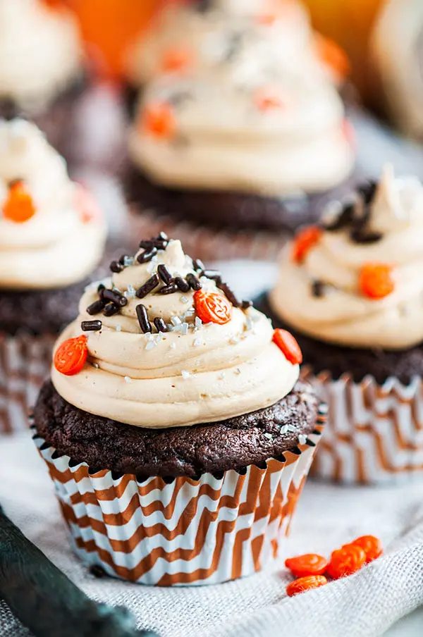 Halloween style Harry Potter pumpkin cupcakes with butterbeer frosting