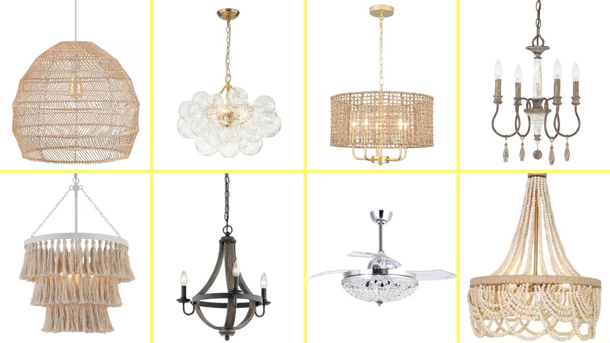 a collage of feminine chandeliers