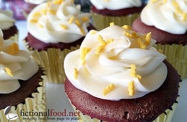 red velvet cream cheese cupcakes as Gryffindor Harry Potter cupcakes