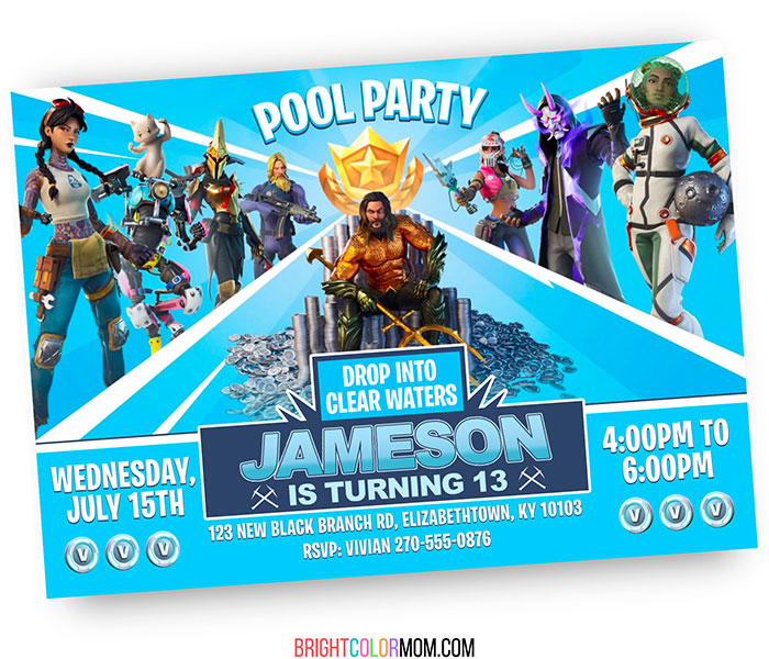 fortnite pool party invitation aquaman