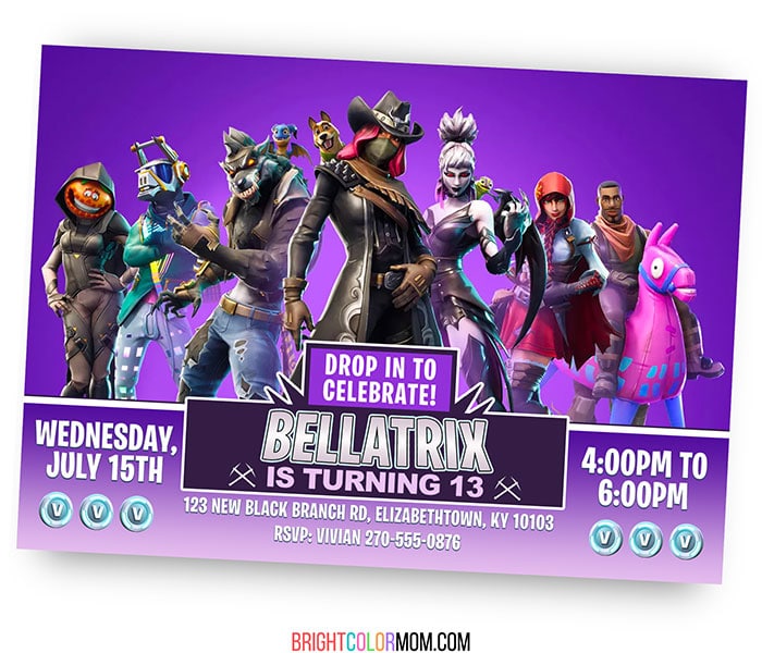 purple fortnite party invitation