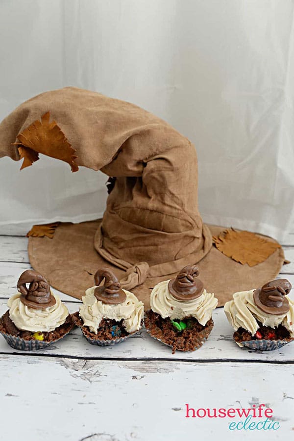 sorting hat cupcakes with M&M filling