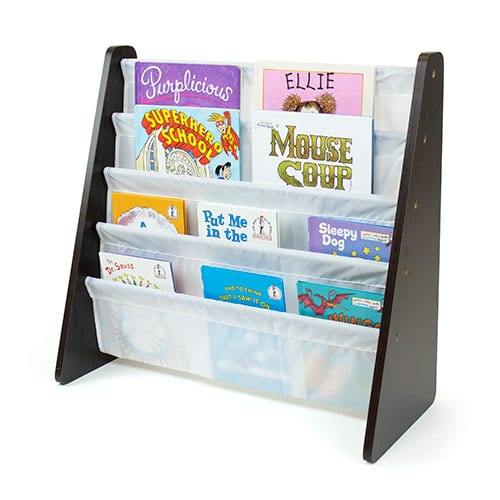 kids book rack with fabric sling sleeves for toddler bedroom
