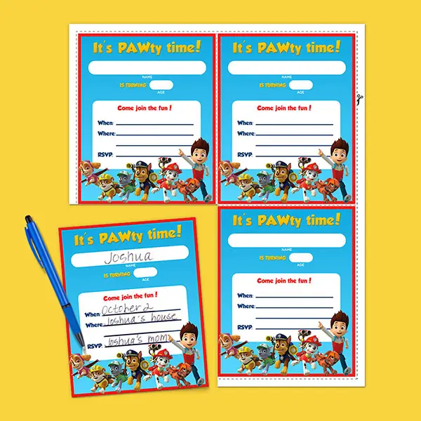 nickelodeon printable small paw patrol invites