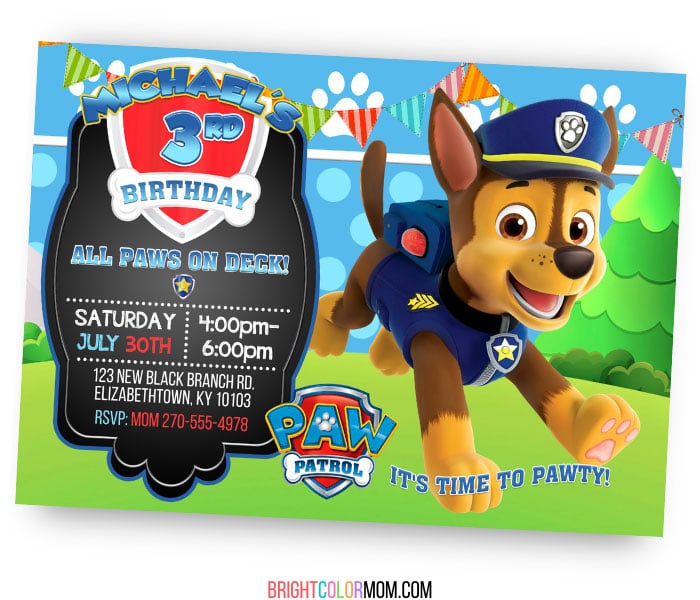 chase paw patrol birthday invitation printable