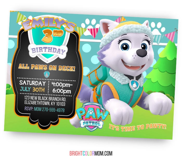 everest paw patrol birthday invitation printable