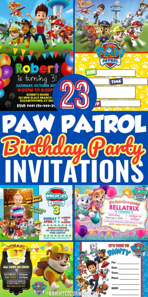 collage of various Paw Patrol birthday invitation designs