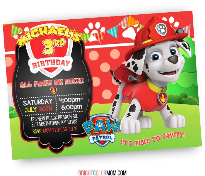 marshall paw patrol birthday invitation printable