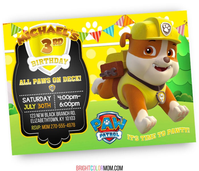 rubble paw patrol birthday invitation printable
