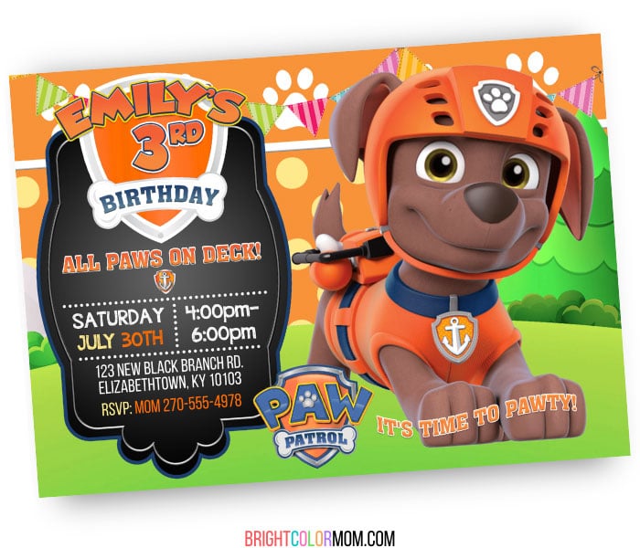 zuma paw patrol birthday invitation printable
