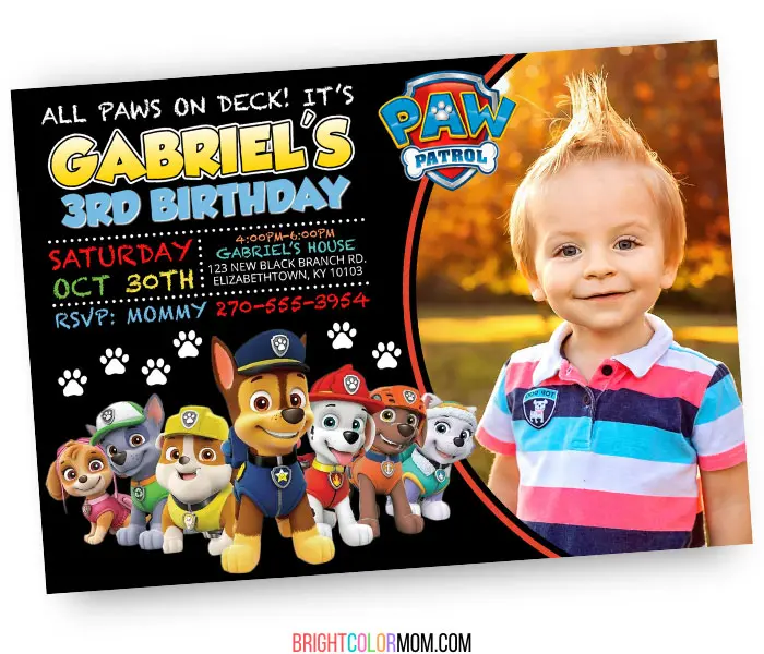 personalized photo paw patrol birthday invitation printable