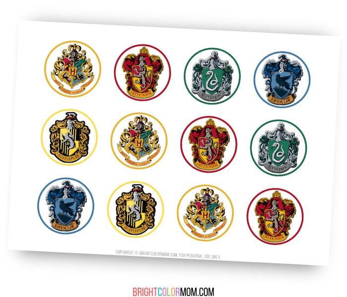 printable Harry Potter Hogwarts house crest cupcake toppers