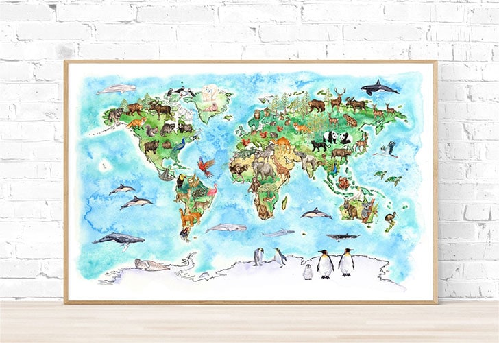 printable watercolor world map for Montessori toddler room