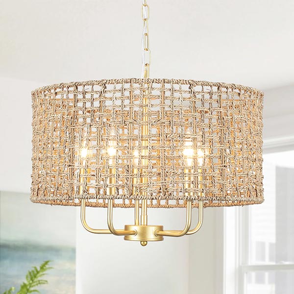 a barrel-shaped rattan chandelier