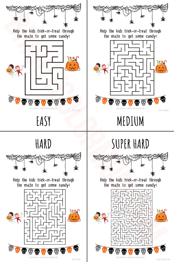 easy, medium, hard, and super hard Halloween maze worksheets