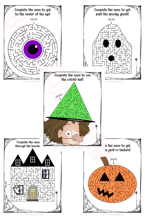 Halloween mazes in the shape of an eyeball, ghost, witch's hat, haunted house, and jack-o-lantern