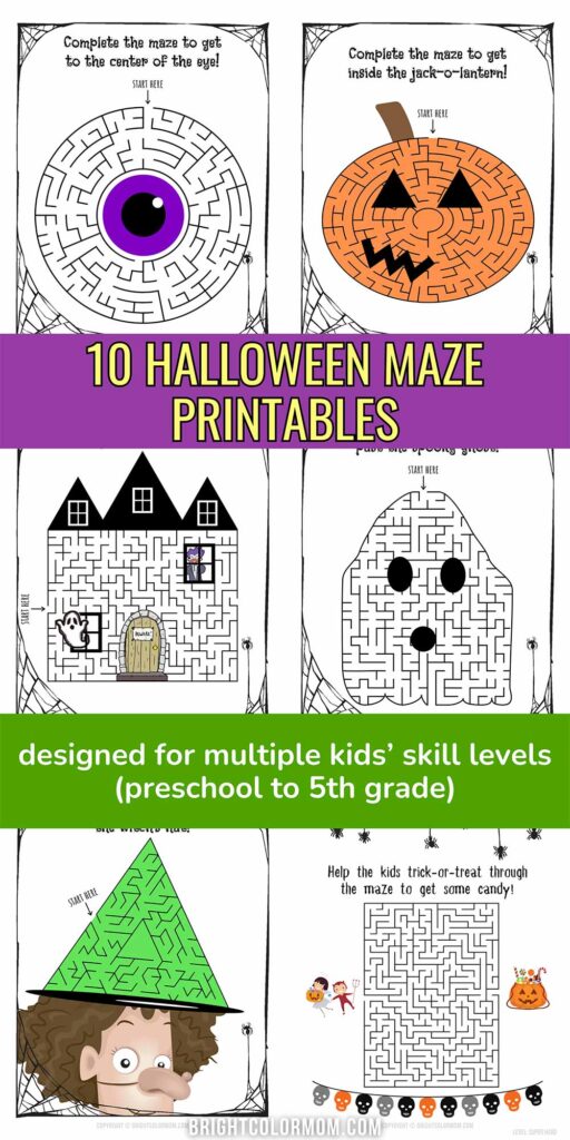 collage of various Halloween maze worksheets for kids