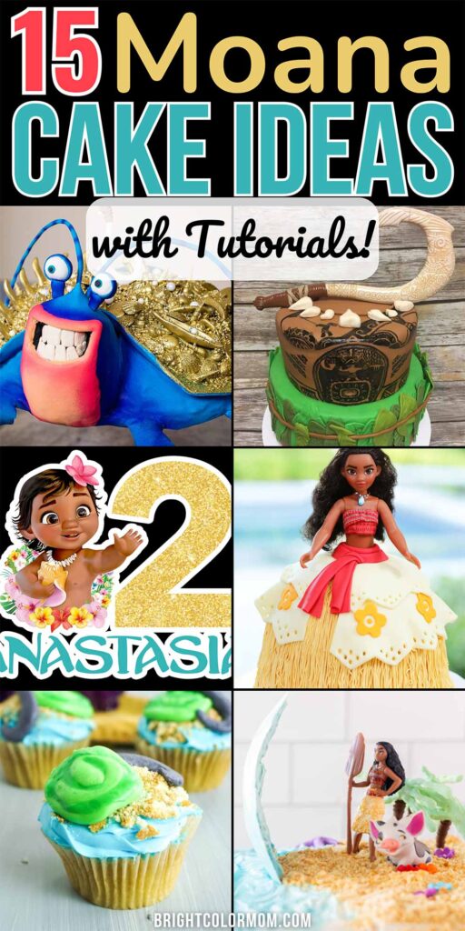 collage of various Moana cake designs