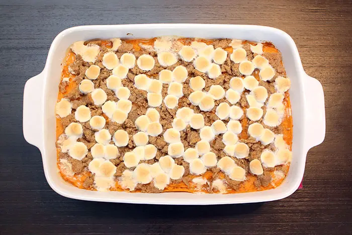 browned marshmallows on sweet potato casserole