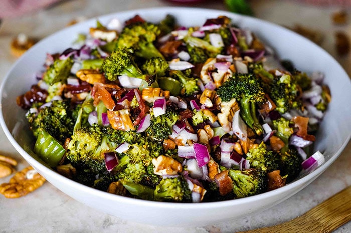 roasted broccoli salad with bacon and pecans