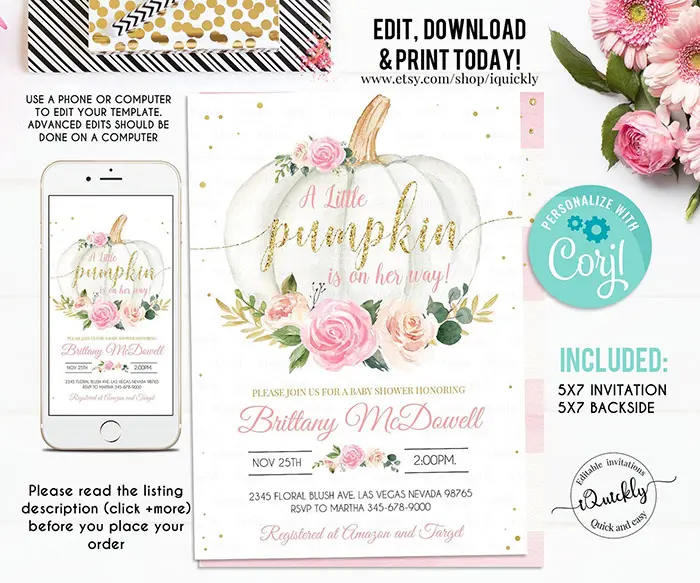 girl pumpkin baby shower invite