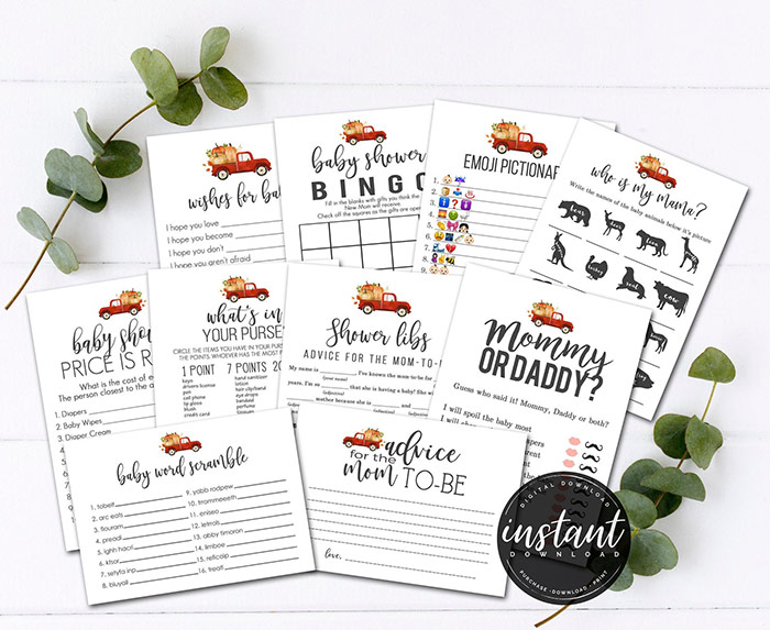 fall truck and pumpkins baby shower games printables