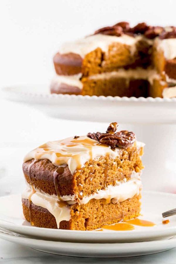 pumpkin cake with caramel cream cheese frosting