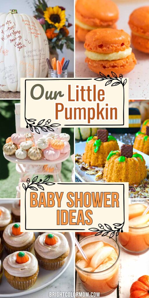 a collage of little pumpkin baby shower items