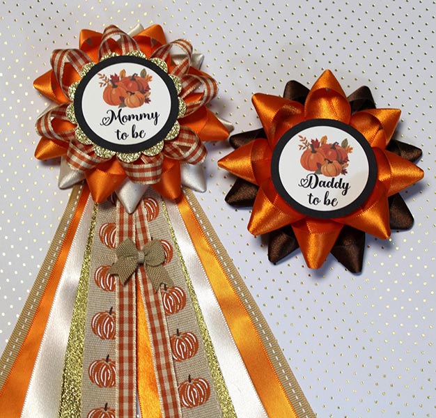 pumpkin themed mommy-to-be and daddy-to-be baby shower pins