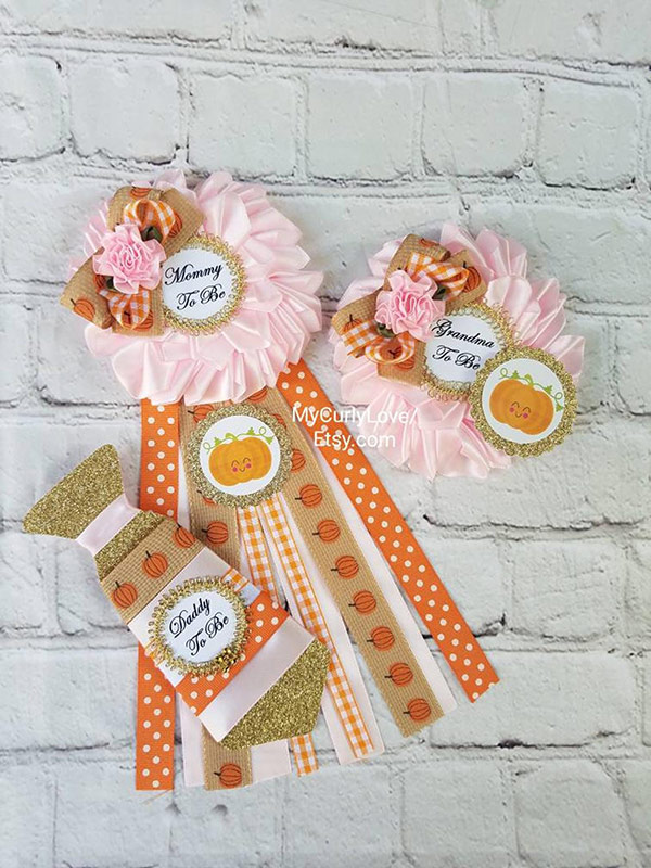 little pumpkin baby shower mommy to be pin daddy to be and grandma to be