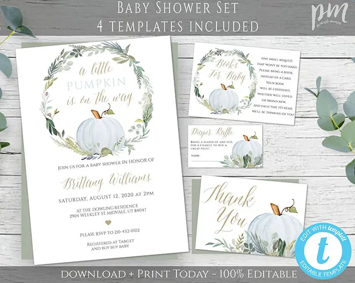 boy printable little pumpkin baby shower invite, book card, diaper raffle card, and thank you card