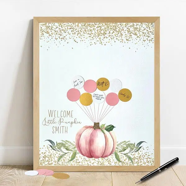 pumpkin shower guest book frame with balloon name tags